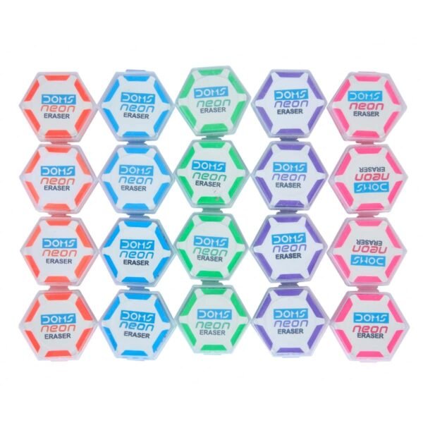 Doms Neon Eraser Box Pack | Hexagonal Eye Catching Design | Neat & Dust Free Erasing | Playful Body Colors | Plastic Case For Each Eraser | Pack of 30 Erasers - Image 7