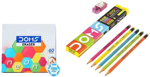 Doms Neon Hex Dust Free Eraser 60 Pcs Neon Pencil Nrt 10 Pcs - Image 2