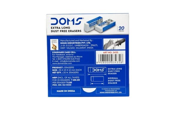 Doms Non-Toxic Dust Free Extra Long Eraser Box Pack | For Clean & Clear Erasing | Stationery Gift Item For Kids & Students | Pack of 20 Pieces - Image 3