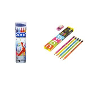 Doms Non-Toxic Super Smooth Plastic Crayons in Round Tin Box (14 Shades) Neon Rubber Tipped HB/2 Graphite Pencils Box Pack | Pack Of 10