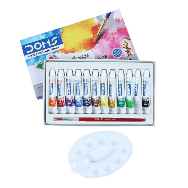 Doms Non-Toxic Water Colour Tube Set in Cardboard Box (12 Assorted Shades, 1 Paint Brush & 1 Palette) - Image 2