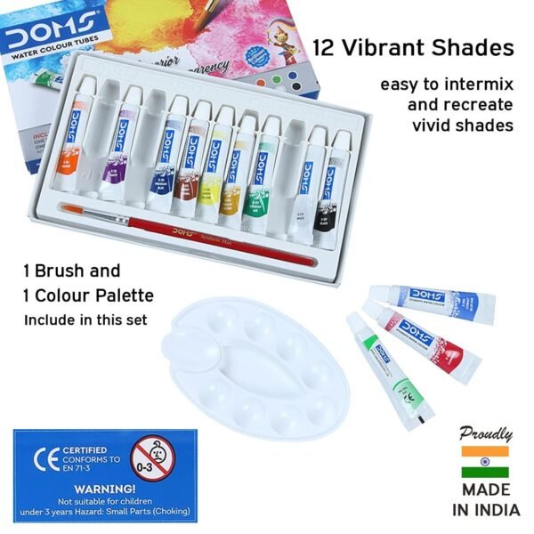 Doms Non-Toxic Water Colour Tube Set in Cardboard Box (12 Assorted Shades, 1 Paint Brush & 1 Palette) - Image 3