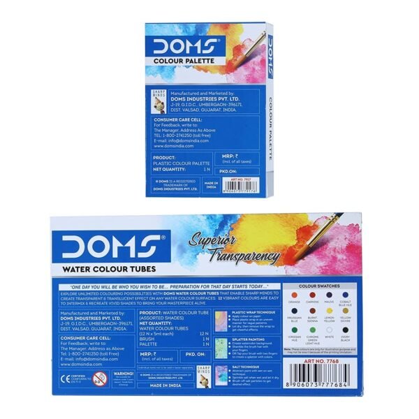 Doms Non-Toxic Water Colour Tube Set in Cardboard Box (12 Assorted Shades, 1 Paint Brush & 1 Palette) - Image 4
