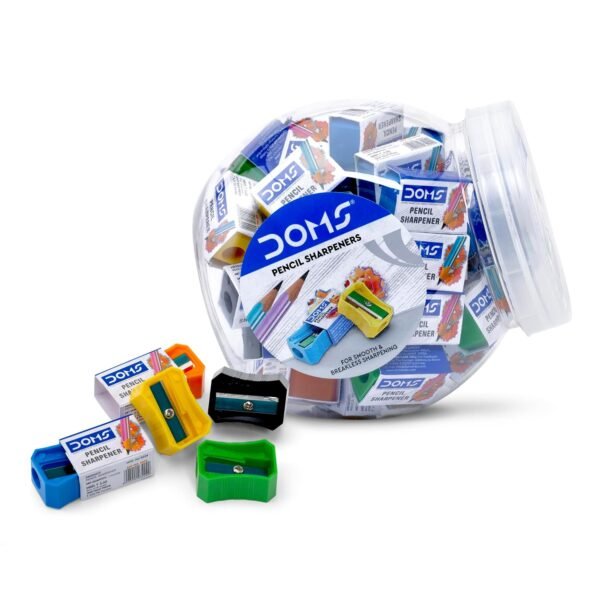 Doms Pencil Sharpener Jar Pack | Smooth & Breakless Sharpening | Free 20 Pieces Eraser Inside The Jar | Sharpners for Kids, School & Stationery | Multicolour, Pack of 100 Pieces - Image 2