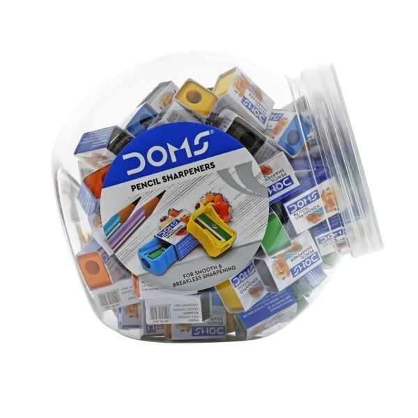 Doms Pencil Sharpener Jar Pack | Smooth & Breakless Sharpening | Free 20 Pieces Eraser Inside The Jar | Sharpners for Kids, School & Stationery | Multicolour, Pack of 100 Pieces - Image 3