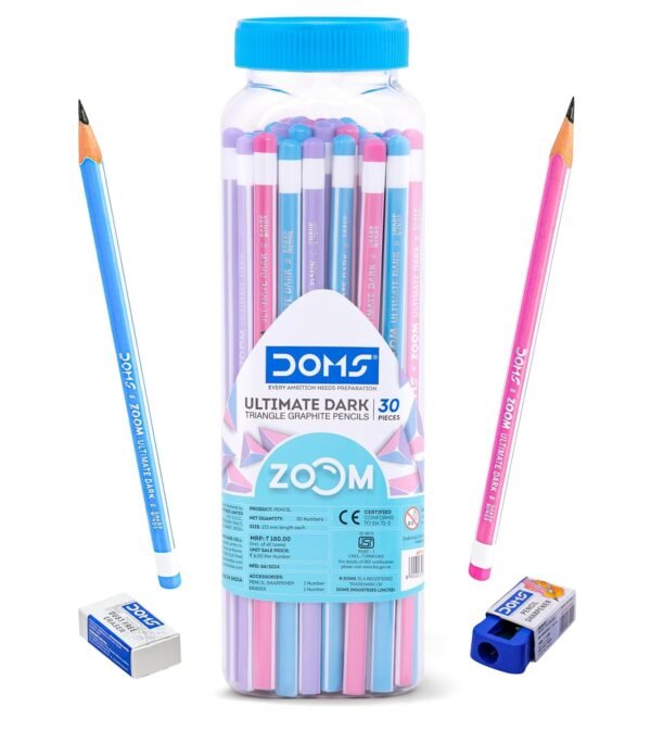 Doms Zoom Ultimate Dark Triangle Pencil | Jar Pack, 30 Pieces | Contains Pencils, Sharpener, Eraser Multicoloured, Pack Of 1 (DM7274)