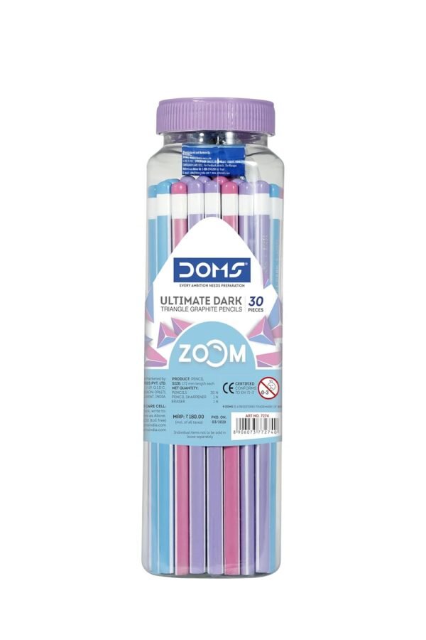Doms Zoom Ultimate Dark Triangle Pencil | Jar Pack, 30 Pieces | Contains Pencils, Sharpener, Eraser Multicoloured, Pack Of 1 (DM7274) - Image 2