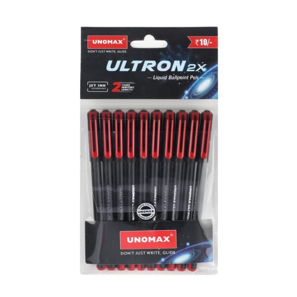 UNOMAX Ultron 2X Ball Pen - Set of 10 (Jet Red) | Unleash the Art of Writing with Elegance | Matt Finish Body | 0.7mm Tip Size for Superior Precision | Jet Ink Technology for Effortless - Image 3