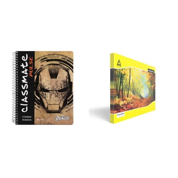 Classmate - 2100128 Soft Cover 5 Subject Spiral Notebook, 250 Pages (Assorted cover design) & Drawing Book - Unruled, 40 Pages, 210 mm x 297 mm - Pack Of 4