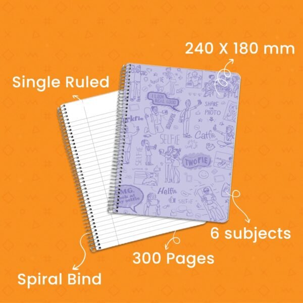 Classmate 2100135 Soft Cover 6 Subject Spiral Binding Selfie Notebook, Single Line, 300 Pages (Pack of 2) - Image 3