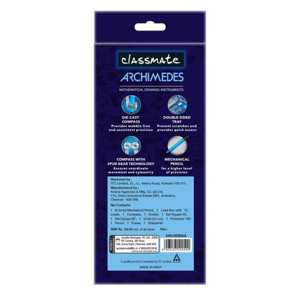 Classmate Archimedes Geometry Box | Die- Cast Compass | Mechanical Pencil | Double sided tray & Classmate Octane Neon- 25 Blue Gel Pens - Image 5