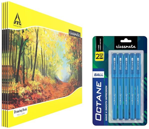 Classmate Drawing Book - Unruled, 40 Pages, 210 mm x 297 mm - Pack of 4 Octane- Blue Ball Pens (Pack of 5)