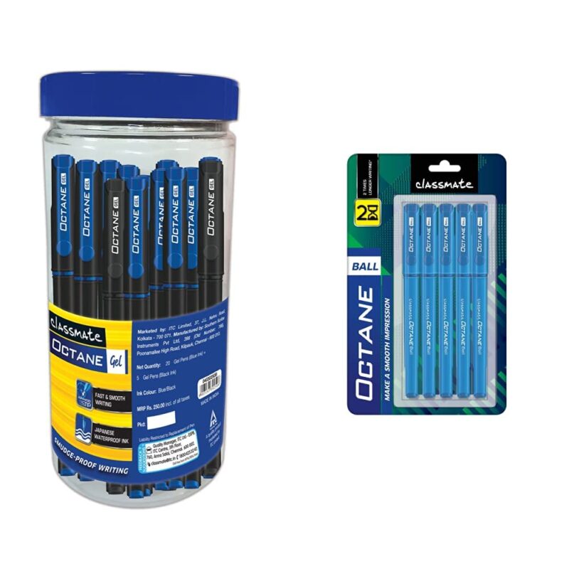 Classmate Octane Gel Pen (Blue and Black)- Pack Of 25 + 10 Gel Refills Free Octane Ball Pen (Blue)- Pack Of 5