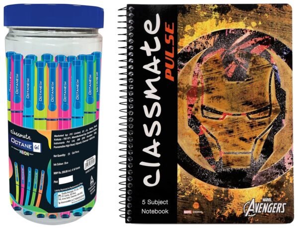 Classmate Octane Neon Gel 25s Jar- 25 Blue Gel Pens Pulse Single Line 5 Subject Notebook - 267mm x 203mm, 60GSM, 250 Pages - Image 7