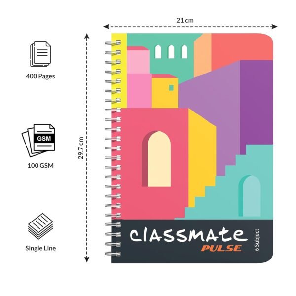 Classmate Pulse 6 Subject Spiral Notebook - Pack of 2 | Single Line | 400 Pages | A4-29.7cm x 21.0cm | Attractive Cover Designs | Soft Cover | Notebooks for College Students - Image 7