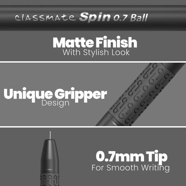 Classmate Spin Ball Pen- Black (Pack of 10)|Attractive Matte Finish for Boys & Girls|Smooth Writing Ball Pen|Fidgeting Clip Design Functionality|Long Tip for Comfortable Writing - Image 4