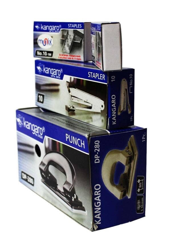 Kangaro Desk Essentials Combo Multipurpose Gift Pack | Includes 1 x No 10 Stapler, 2 x No 10 1M Staples & 1 x DP 280 Paper Punch | Ideal Combo for Office & Gifting | Pack of 1 - Image 2
