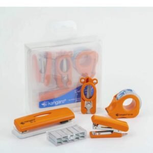Kangaro Desk Essentials DE-Mini 10 Combo Pack | Stationery Gift Set | Mini Stapler, Staples, Scissors, Tape Dispenser & Paper Punch | Office Combo Set | Orange, Pack of 1 | Color May Vary