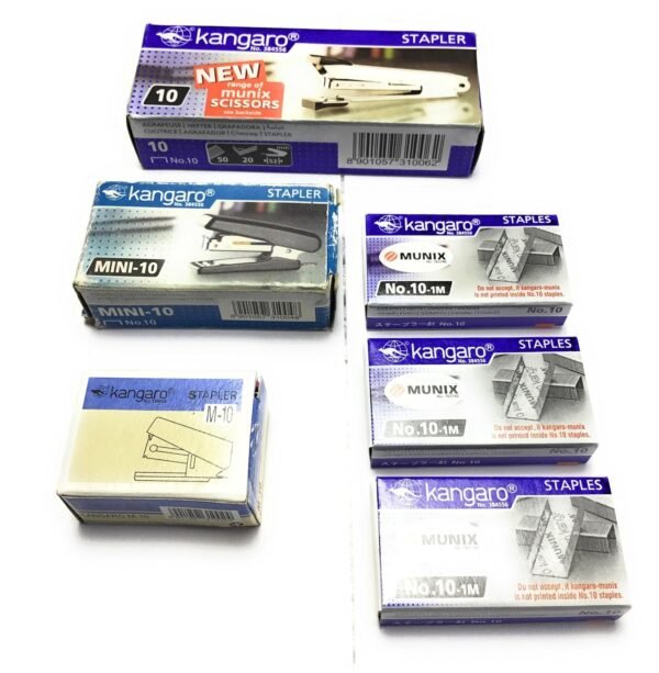 Kangaro Desk Essentials Stapler, Staple Pins Combo |Pack of 1 No. 10, Mini 10, M-10 Stapler & 3 x No. 10 Staples Box | Perfect for Home, School & Office