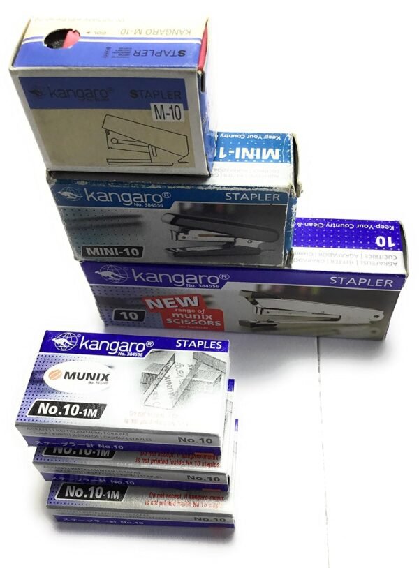 Kangaro Desk Essentials Stapler, Staple Pins Combo |Pack of 1 No. 10, Mini 10, M-10 Stapler & 3 x No. 10 Staples Box | Perfect for Home, School & Office - Image 2