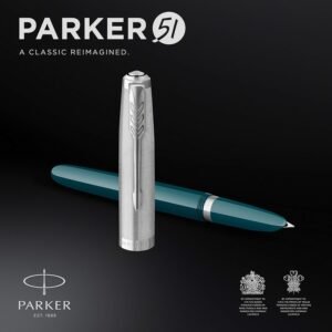 Parker 51 Fountain Pen | Teal Blue Barrel with Chrome Trim | Fine Nib with Black Ink Cartridge | Gift Box