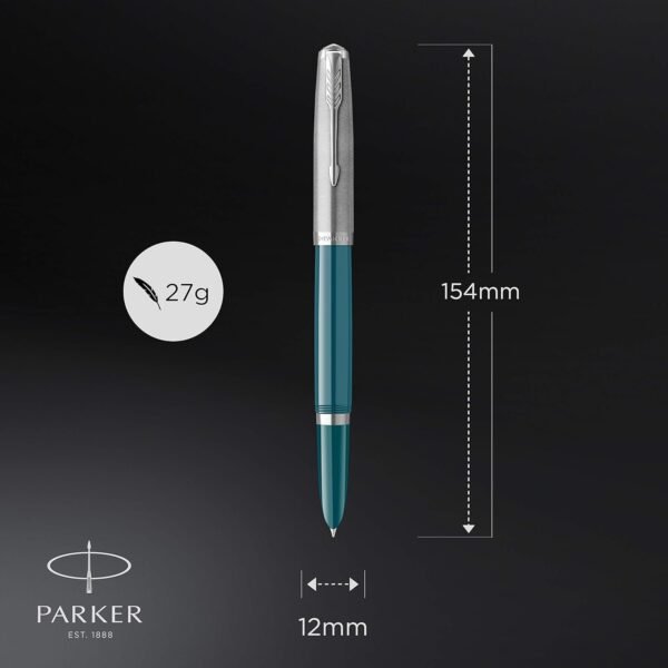 Parker 51 Fountain Pen | Teal Blue Barrel with Chrome Trim | Fine Nib with Black Ink Cartridge | Gift Box - Image 3