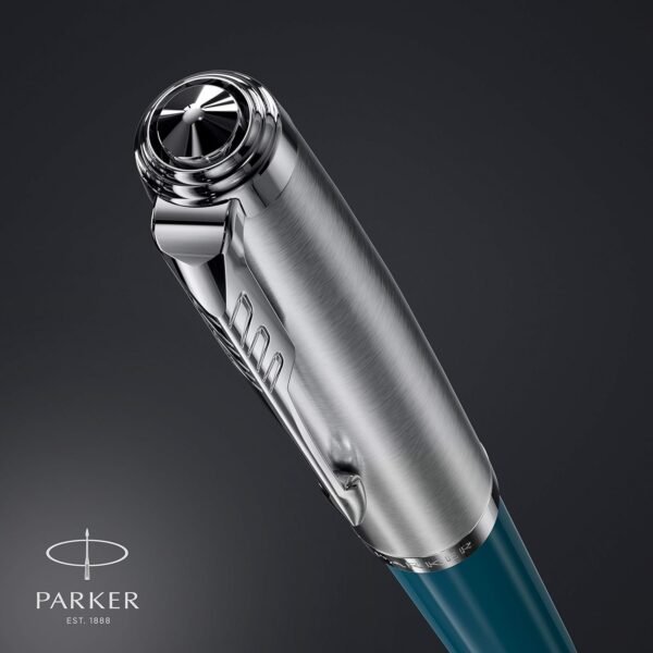 Parker 51 Fountain Pen | Teal Blue Barrel with Chrome Trim | Fine Nib with Black Ink Cartridge | Gift Box - Image 4