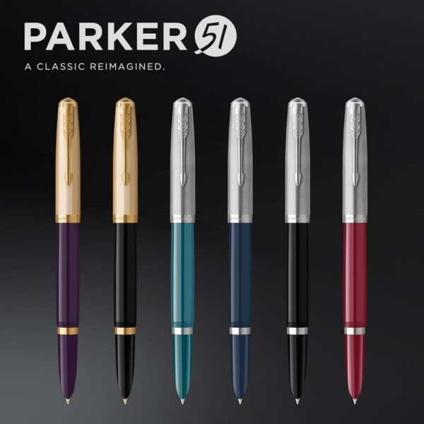 Parker 51 Fountain Pen | Teal Blue Barrel with Chrome Trim | Fine Nib with Black Ink Cartridge | Gift Box - Image 6