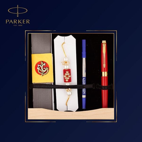Parker Aster, Matte Red with Gold Trim Roller Ball Pen, Rakhi Combo, 4 Piece Set, Blue Ink, Best Choice for Rakhi Gift, Exquisite and Thoughtful Design - Image 3