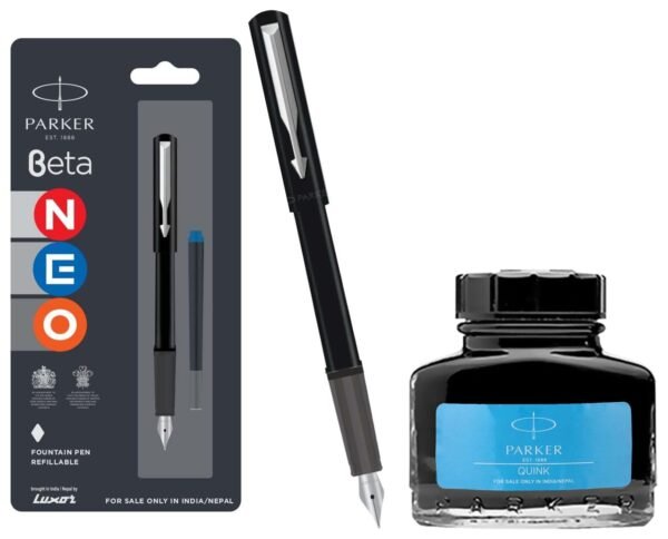 Parker Beta Neo Chrome Trim Fountain Pen| Black Body Color With 1 Ink Cartridge | Ink Color - Blue | Gift For Employees | Unique Gifts For Entrepreneurs Quink Ink Bottle, Blue
