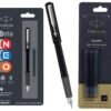 Parker Beta Neo Chrome Trim Fountain Pen in Black with Blue Ink Cartridge Quink Cartridge with Quick-Drying Black Ink.