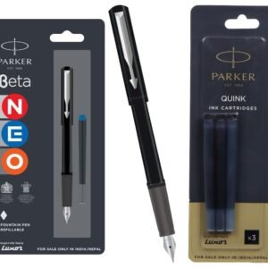 Parker Beta Neo Chrome Trim Fountain Pen in Black with Blue Ink Cartridge Quink Cartridge with Quick-Drying Black Ink.