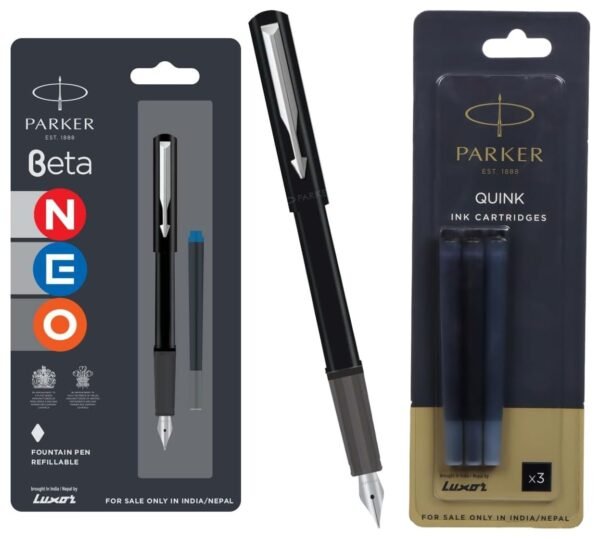 Parker Beta Neo Chrome Trim Fountain Pen in Black with Blue Ink Cartridge Quink Cartridge with Quick-Drying Black Ink.