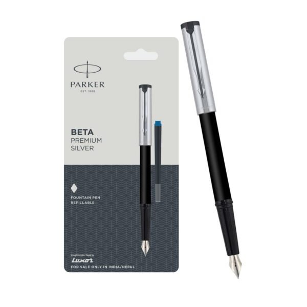 Parker Beta Premium Chrome Trim Fountain Pen| Silver Finish Cap With 1 Ink Cartridge| Ink Color - Blue | Corporate Gift | Ideal For Professional Use - Image 3