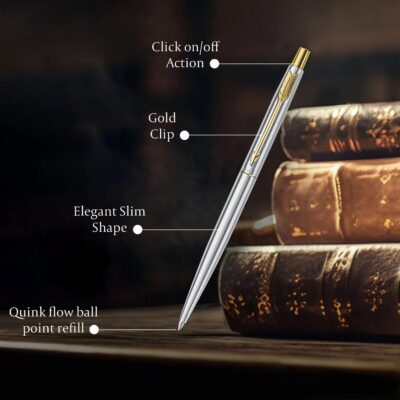 Parker Classic Stainless Steel Gold Trim Ball Pen | Blue In…