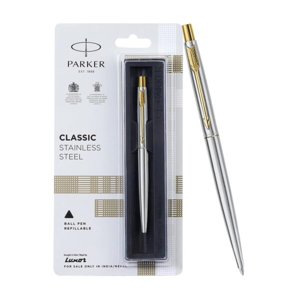 Parker Classic Stainless Steel Gold Trim Ball Pen | Blue Ink | Ballpoint Pen for Smooth Writing | Elegant Design and Great for Gifting or Celebrations - Image 5