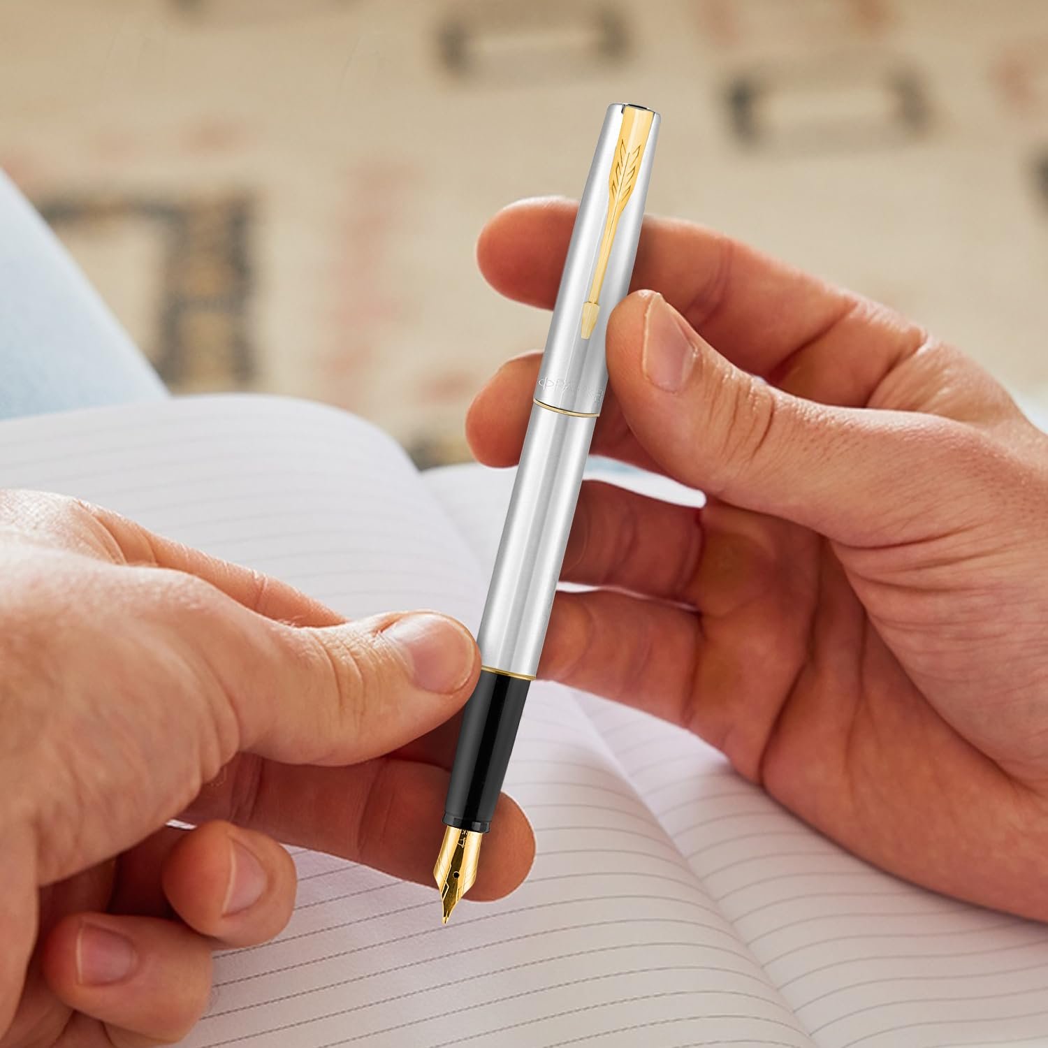 Parker Frontier Stainless Steel Gold Trim Fountain Pen | Corporate Gift | Ideal For Professional Use - Image 3