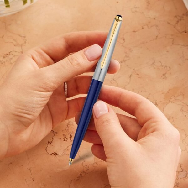 Parker Galaxy Stainless Steel Gold Trim Ball Pen - Blue Body - Image 2