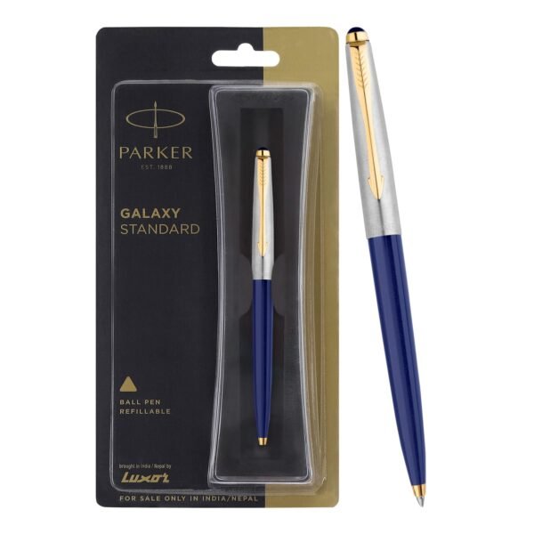 Parker Galaxy Stainless Steel Gold Trim Ball Pen - Blue Body - Image 6