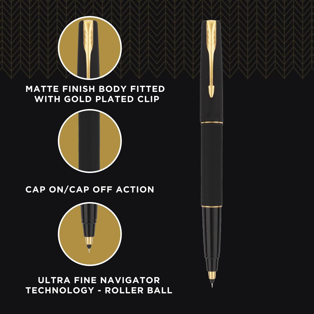 Parker Gift Set Frontier Matte Black Gold Trim Roller Ball Pen With Card Holder | 1 Pen + 1 Card Holder| Ink Color - Blue | Perfect For Employees | Unique Gifts For Entrepreneurs - Image 5