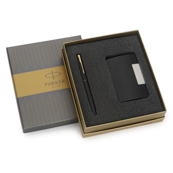 Parker Gift Set- (Parker Frontier Matte Black Gold Trim Fountain Pen With Card Holder) 1 Pen+ 1 Card Holder| Ink Color - Blue| Gift Set | Gifts For Employees - Image 5