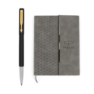 Parker Gift Set | Vector Matte Black Gold Trim Roller Ball Pen Grey Flip PU Notebook | 1 Pen + 1 Note Book| Ink Color - Blue