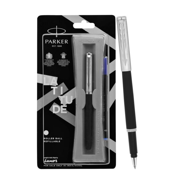 Parker Latitude Matte Metallix Chrome Trim Roller Ball Pen|Stainless Steel Clip|Ink Color - Blue | Refillable - Image 3