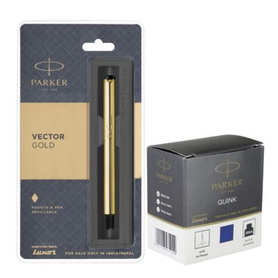 Parker Vector Gold GT Fountain Pen + Quink Ink Bottle - Blu…