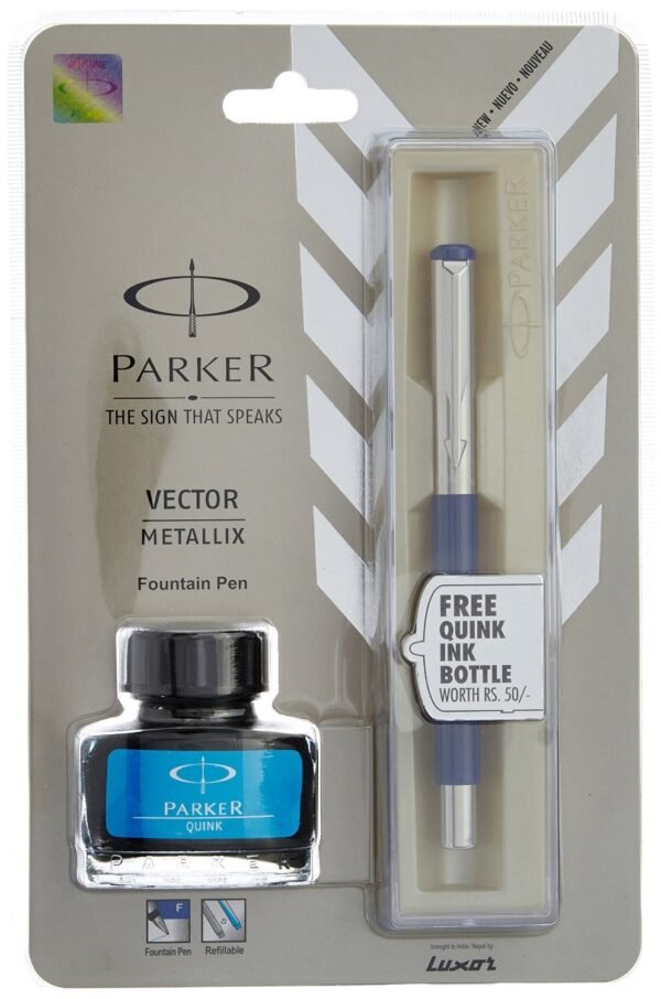 Parker Vector Mettalix Fountain Pen (Blue) with Quick Ink Bottle