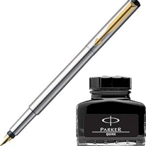Parker Vector Stainless Steel GT Fountain Pen + Quink Ink Bottle - Black (30ML)