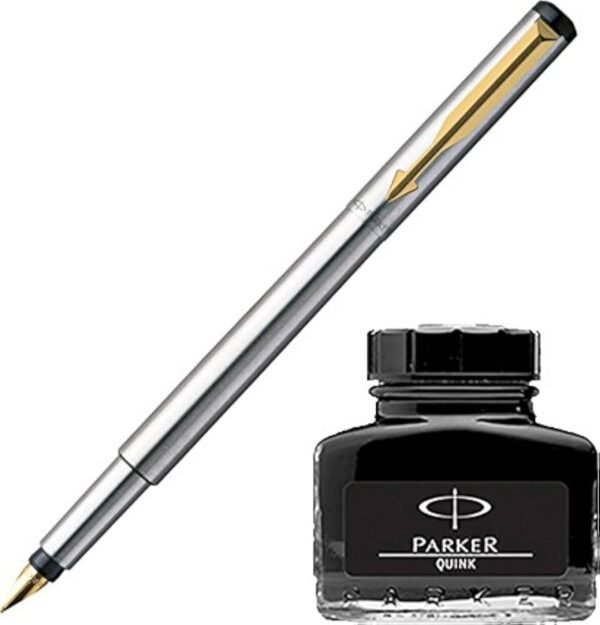 Parker Vector Stainless Steel GT Fountain Pen + Quink Ink Bottle - Black (30ML)