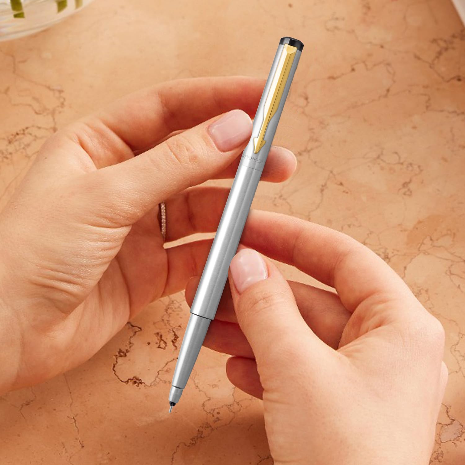 Parker Vector Stainless Steel Gold Trim Roller Ball Pen | Ink Color - Blue | Perfect For Corporate Use | Elite Pen For Professionals - Image 7