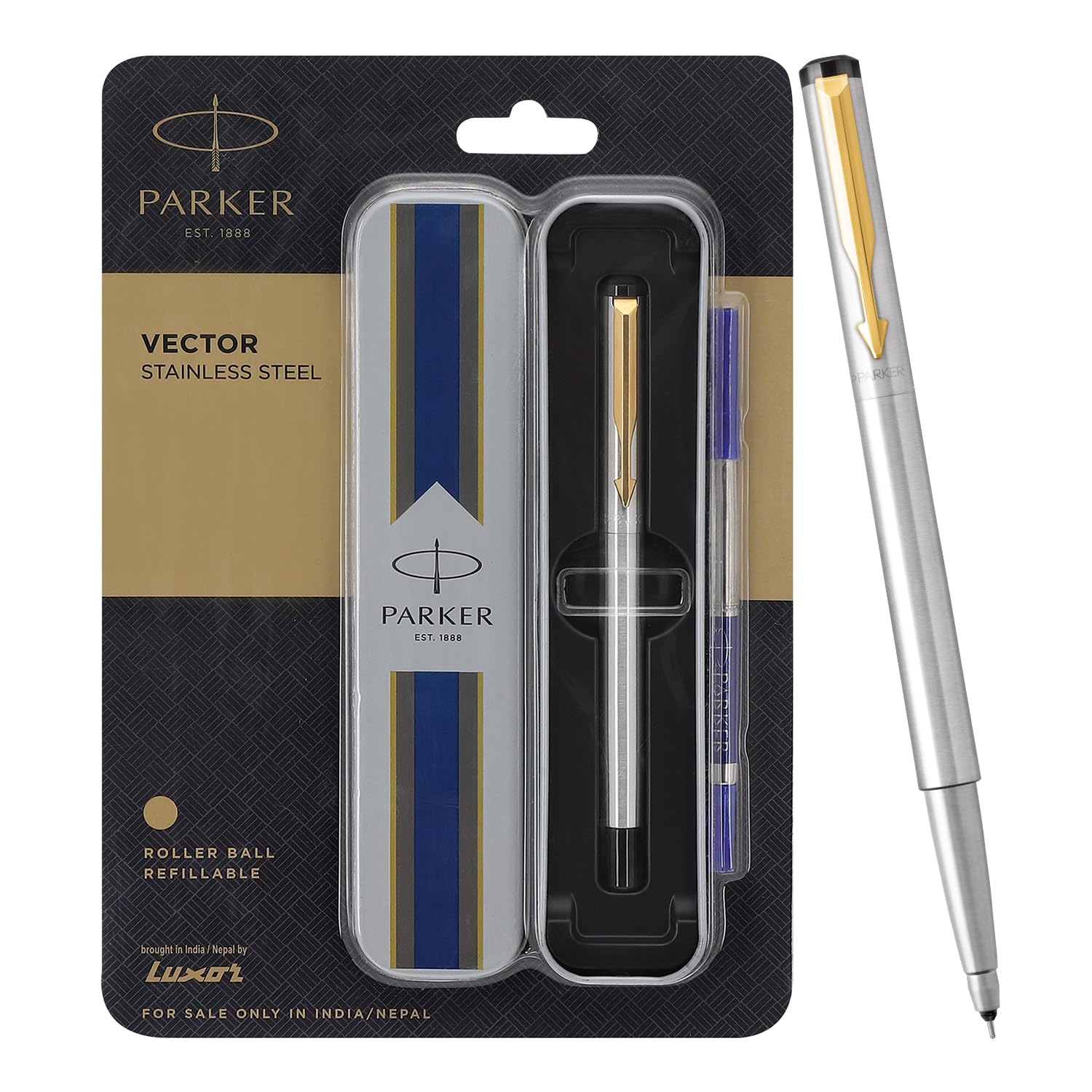 Parker Vector Stainless Steel Gold Trim Roller Ball Pen | Ink Color - Blue | Perfect For Corporate Use | Elite Pen For Professionals - Image 8