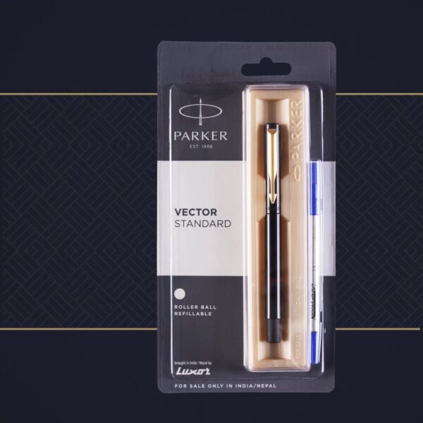 Parker Vector Standard Gold Trim Roller Ball Pen | Ink Color - Blue | Black Body Color | Ergonomic Design | Built for long writing sessions